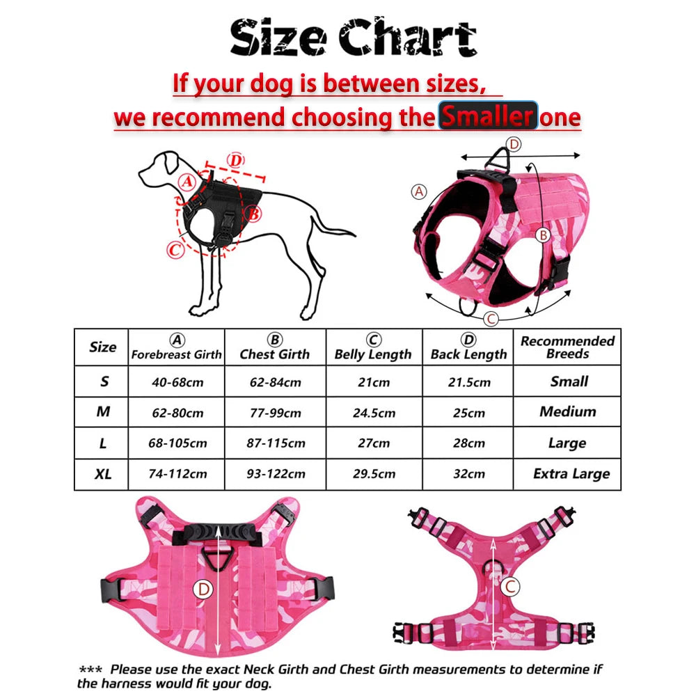 Military Dog Pink Harness for Large Medium Dogs German Shepherd Harness Collar Leash Set Adjustable Pet Tactical Training Vest