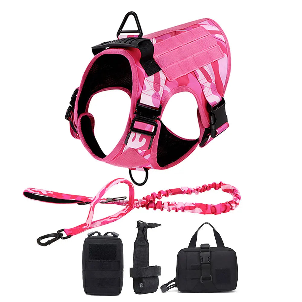 Military Dog Pink Harness for Large Medium Dogs German Shepherd Harness Collar Leash Set Adjustable Pet Tactical Training Vest