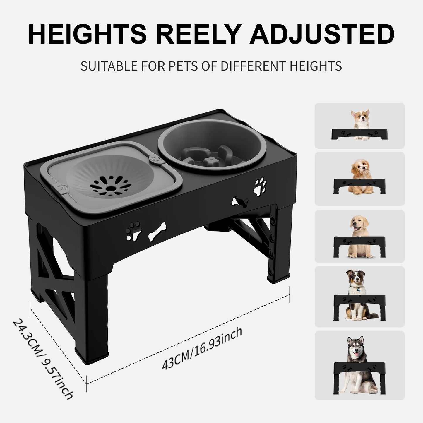 3 in 1 Pet Feeder Slow Feed Bowls Double Bowls Foldable with 5 Adjustable Height Suitable for Pets of Different Heights