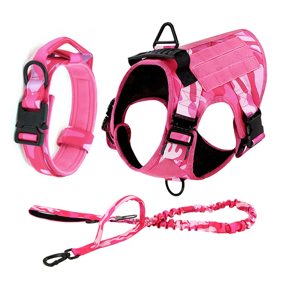 Military Dog Pink Harness for Large Medium Dogs German Shepherd Harness Collar Leash Set Adjustable Pet Tactical Training Vest