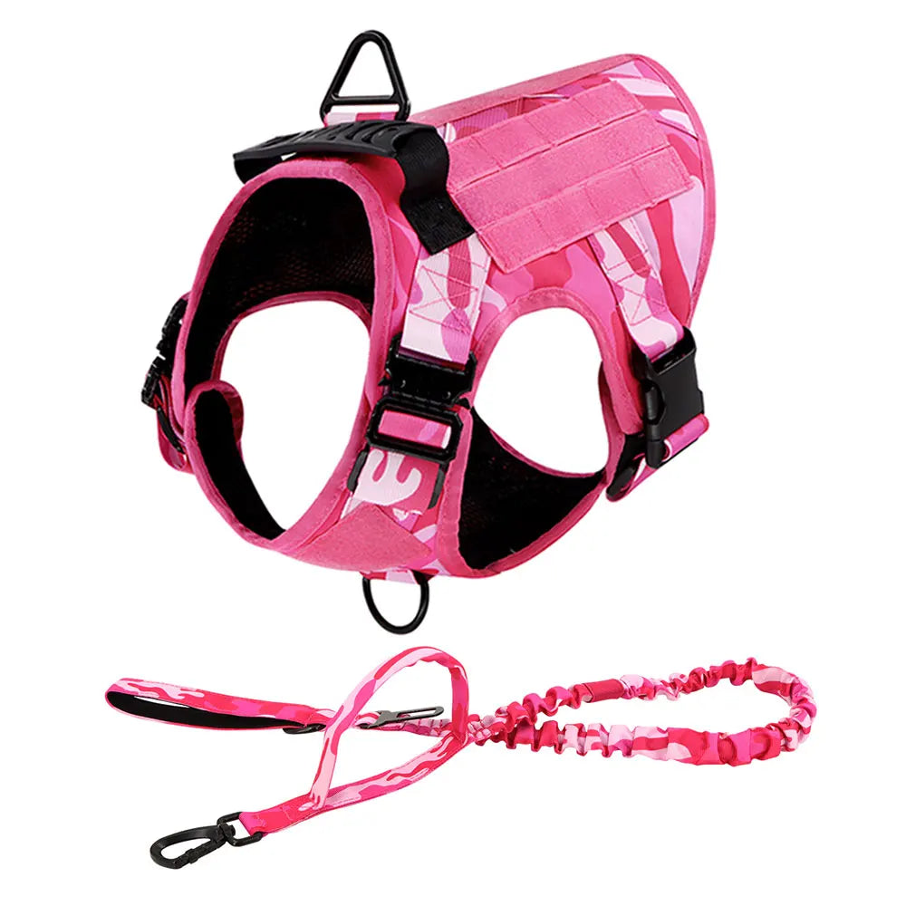 Military Dog Pink Harness for Large Medium Dogs German Shepherd Harness Collar Leash Set Adjustable Pet Tactical Training Vest