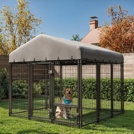 Dog Kennel 10X10FT outside Heavy-Duty Outdoor Dog Cage with Roof and Double Lock - Spacious, Dog Crate for Pets with Feeding
