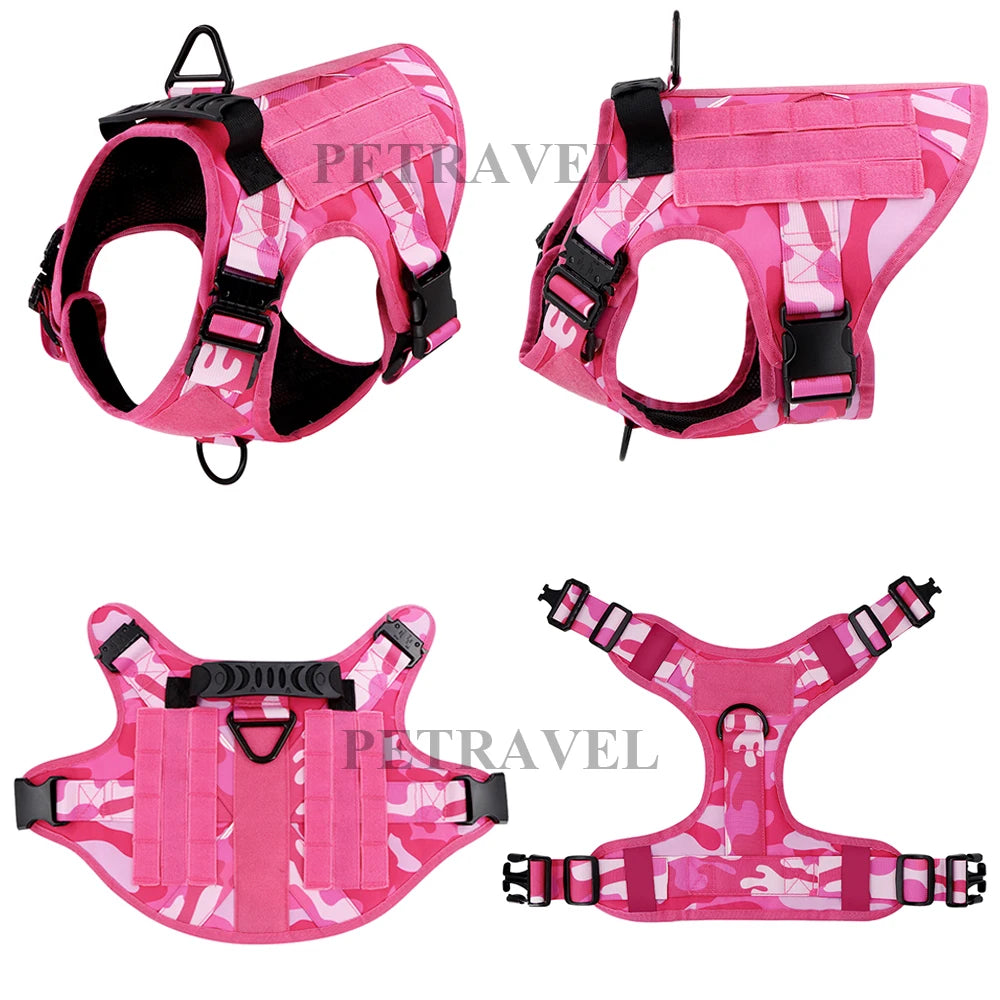 Military Dog Pink Harness for Large Medium Dogs German Shepherd Harness Collar Leash Set Adjustable Pet Tactical Training Vest