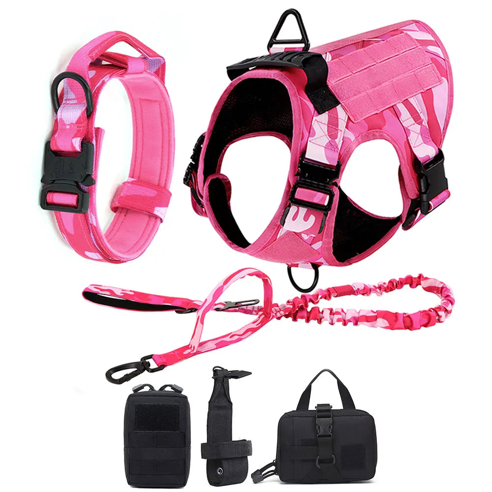 Military Dog Pink Harness for Large Medium Dogs German Shepherd Harness Collar Leash Set Adjustable Pet Tactical Training Vest