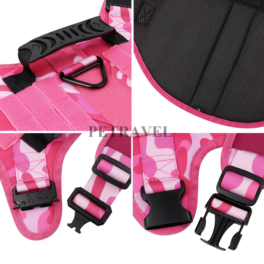 Military Dog Pink Harness for Large Medium Dogs German Shepherd Harness Collar Leash Set Adjustable Pet Tactical Training Vest