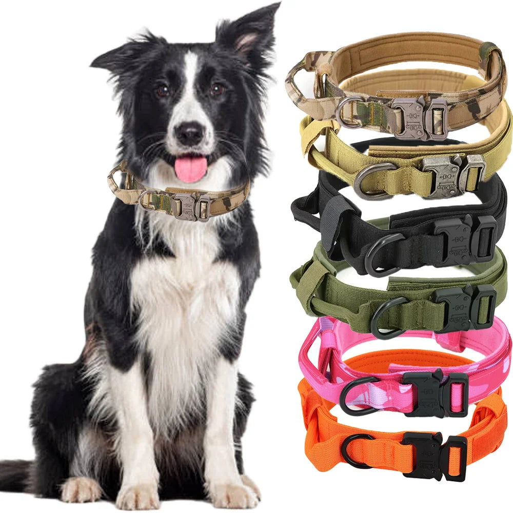 Tactical Military Dog Collar Adjustable Nylon Dog Collar with Control Handle and Metal Buckle for Medium and Large Dogs